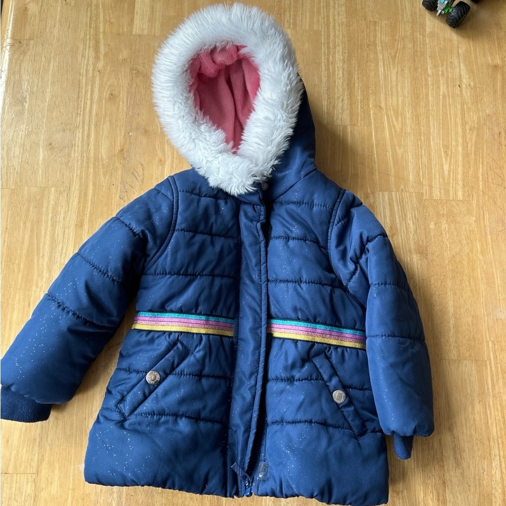 Carters   girls 24M winter snow jacket puffer jacket blue pink faux fur sparkly
